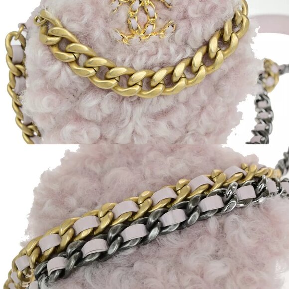 CHANEL 19 CC Logo Round Chain Shoulder Bag Shearling Leather Pink GHW 382RK077 - Picture 9 of 16